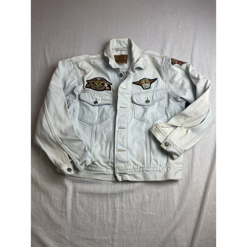 Vintage 90s Denim Express Blue Mens M HOG Harley Davidson Patch Denim Jacket